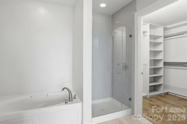 a bathroom with a bathtub and shower