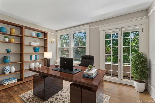 a view of a workspace with furniture and a potted plant