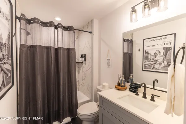 a bathroom with a sink a toilet a mirror and shower curtain