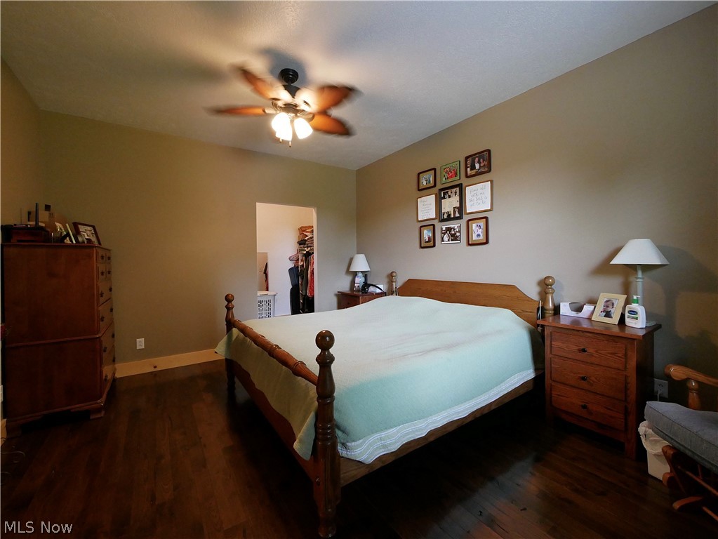 75450 Fair Road Freeport, OH 43973 - Photo 24 of 45 Bedroom featuring dark hardwood / wood-style flooring, a closet, ceiling fan, and a walk in closet