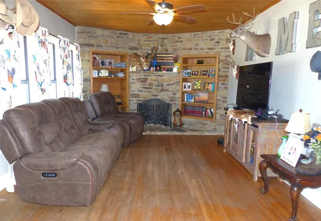 a living room with fireplace furniture and a flat screen tv