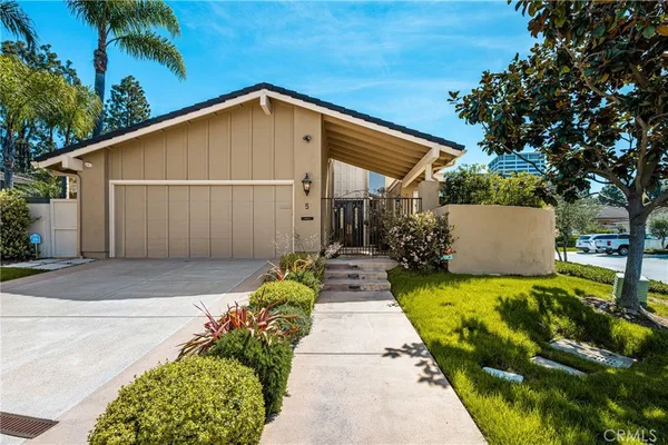 a view of backyard with potted plants and a large tree