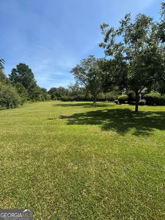 a view of a field with an trees