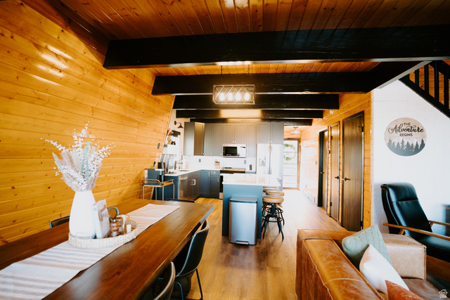 1413 Basel Drive Midway, UT 84049 - Photo 24 of 137 Dining space featuring wooden walls, light wood finished floors, and a wooden ceiling with exposed beams