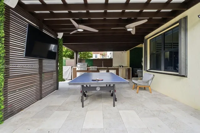 a backyard of a house with table and chairs