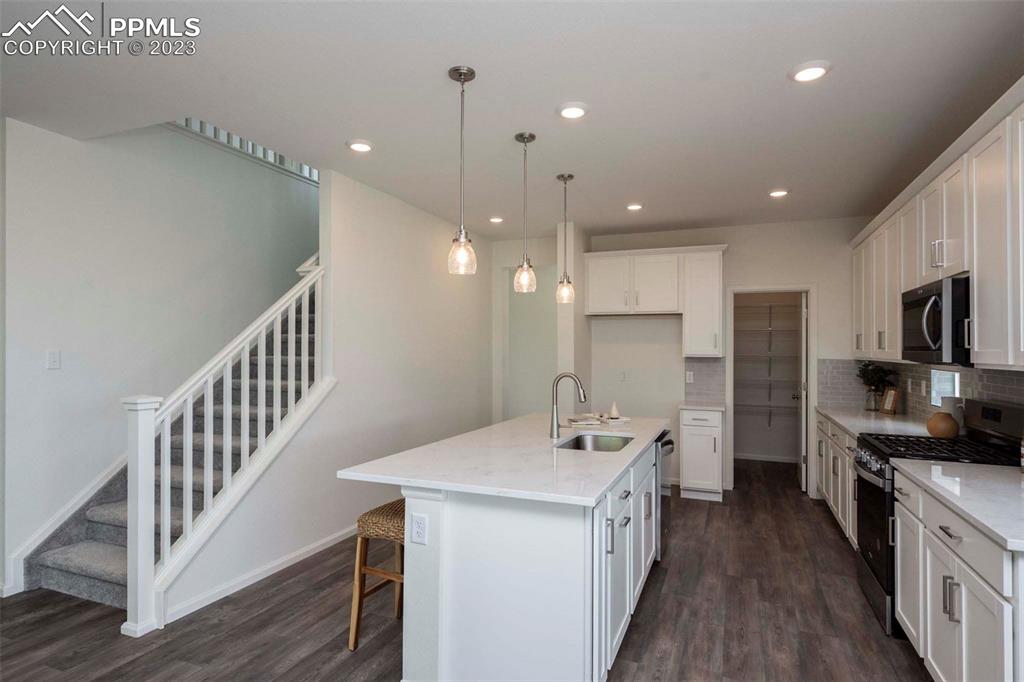 2050 Peachleaf Loop Castle Rock, CO 80108 - Photo 11 of 25 a kitchen with kitchen island a sink appliances and cabinets