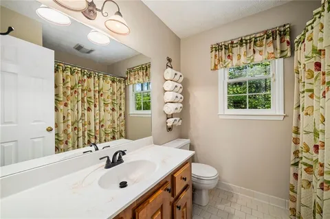 a bathroom with a sink a toilet and shower curtain