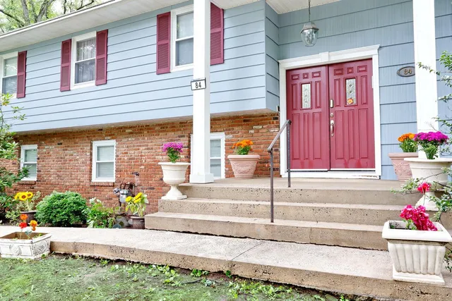 a view of a house with potted plants