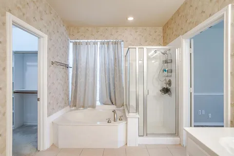 a bathroom with a bathtub and a shower