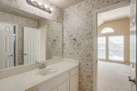 a bathroom with a sink a vanity and a mirror