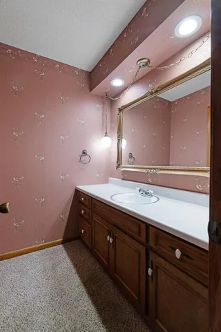 a bathroom with a sink and a large mirror