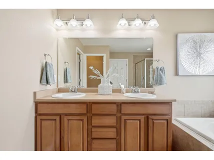 a bathroom with a tub a sink and a large mirror