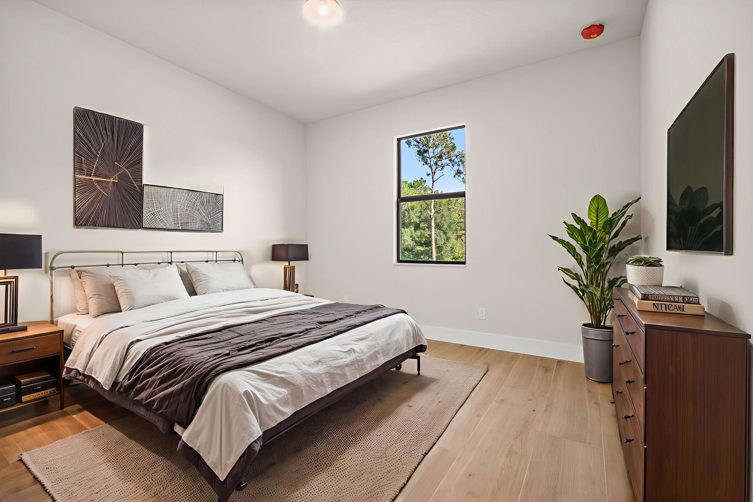 1142 Southwest Abbey Avenue Port St. Lucie, FL 34953 - Photo 54 of 57 a bedroom with a bed and a potted plant