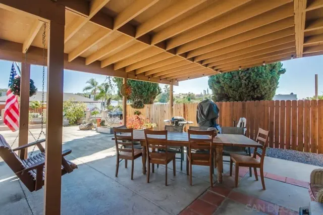 a view of a patio with a table and chairs