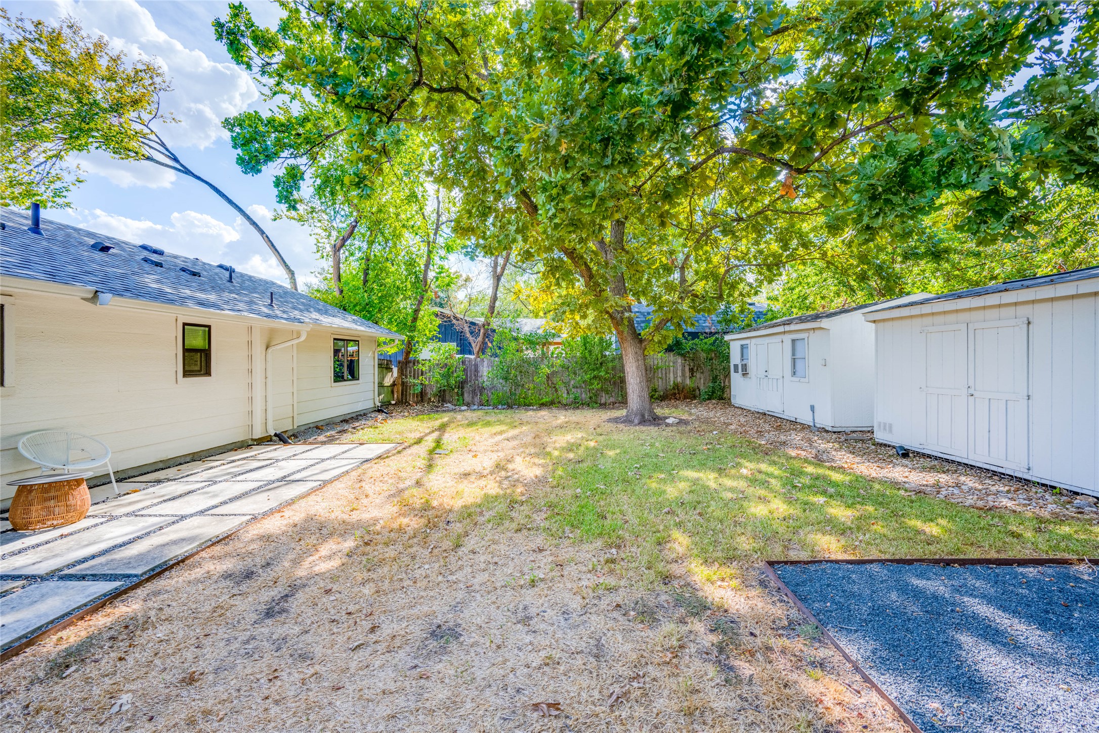 2516 Friar Tuck Lane Austin, TX 78704 - Photo 37 of 40 a view of a backyard with a tree and wooden fence