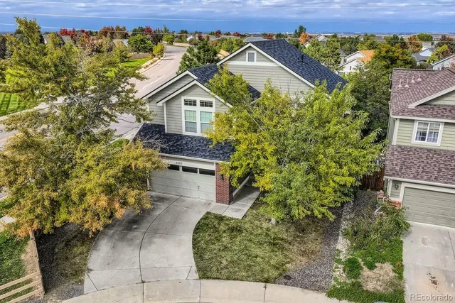 a aerial view of a house with a yard and potted plants