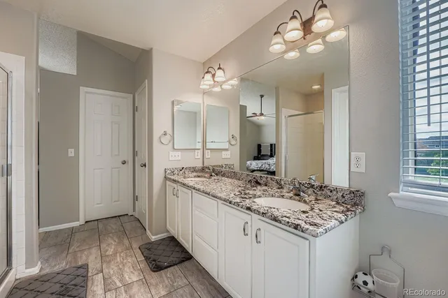 a bathroom with a sink a mirror and a shower
