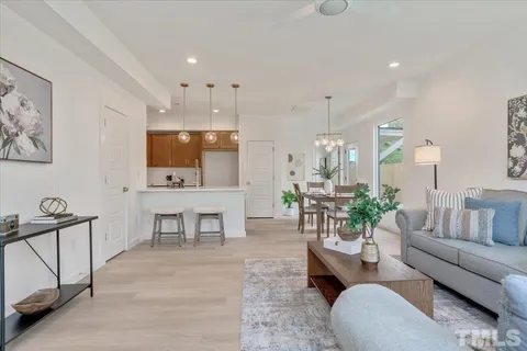 a living room with furniture and a dining table with kitchen view