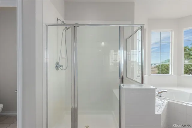 a bathroom with a shower and a tub