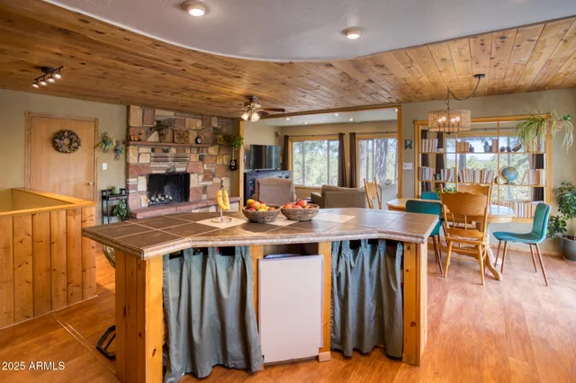 a view of a dining room with furniture