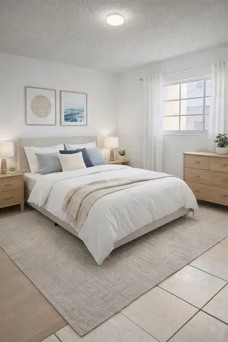 a bedroom with a large bed and a window