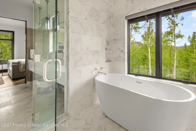 a bathroom with a bathtub and a shower