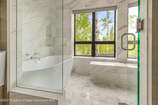 a bathroom with a bathtub and a shower