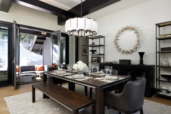 a view of a dining room with furniture