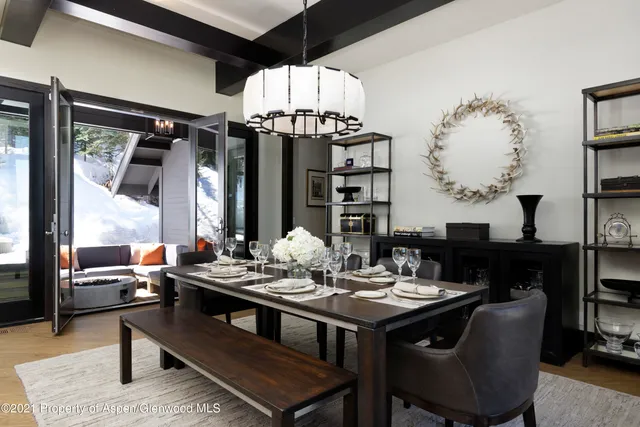 a view of a dining room with furniture