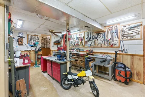 a view of a garage with storage