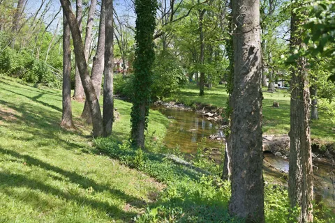 a view of a lake with a yard