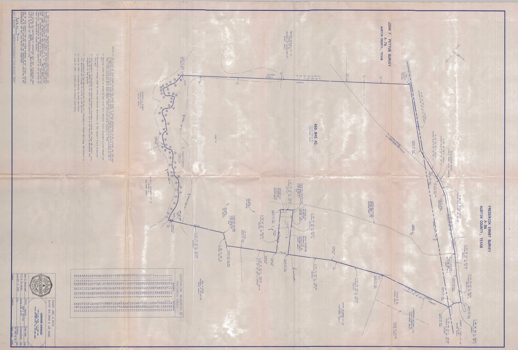 1 Blezinger Road New Ulm, TX 78950 - Photo 5 of 44 Seller states that no improvements have been made to change survey, but survey is for information purposes only. Buyer should have their own survey done. When going down Blezinger Rd subject is on the left and starts just before an old barn, (fence post marked with paint) runs along a creek on the left, back to another creek at the rear of the property, and connects to Blezinger Creek. Off Blezinger road the property ends at Blezinger Creek. Not shown on the survey are 3 hand dug wells and 3 stock tanks.