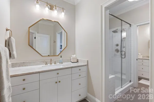 a bathroom with a double vanity sink mirror and shower