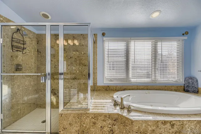 a bathroom with a bathtub and a shower