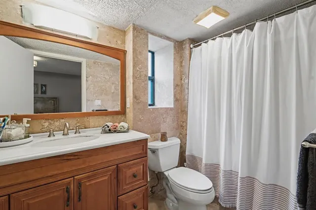 a bathroom with a sink a toilet a mirror and shower curtain