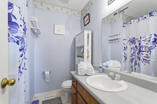 a bathroom with a sink mirror vanity and toilet
