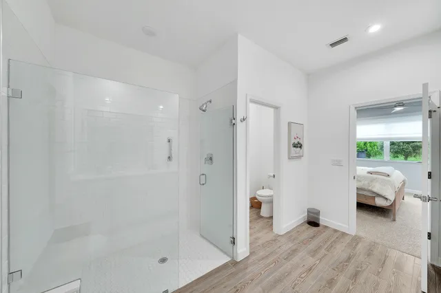 a bathroom with a shower and a toilet