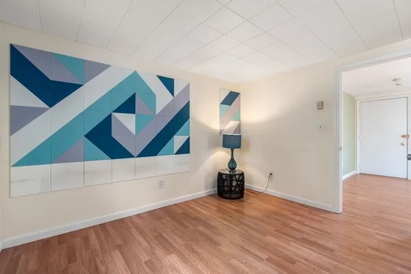 a view of empty room with wooden floor