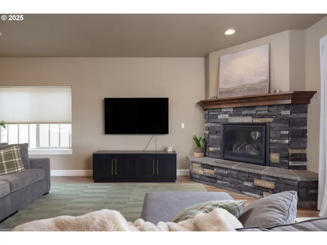 a living room with furniture a flat screen tv and a fireplace
