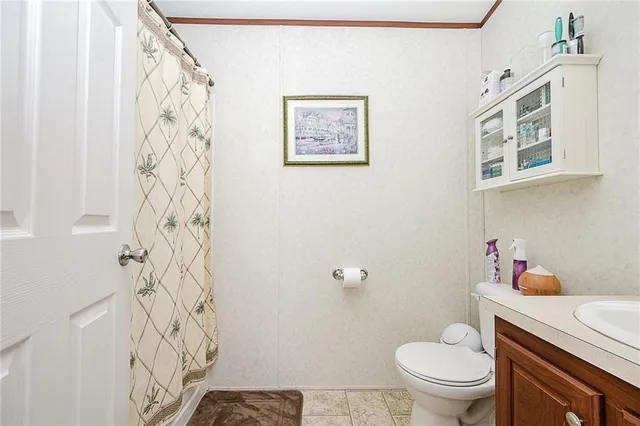 a bathroom with a toilet and a shower curtain