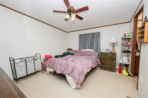 a bed room with a bed window and a chandelier