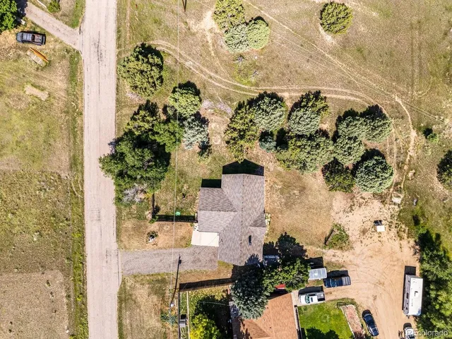 an aerial view of a house with a yard and large trees