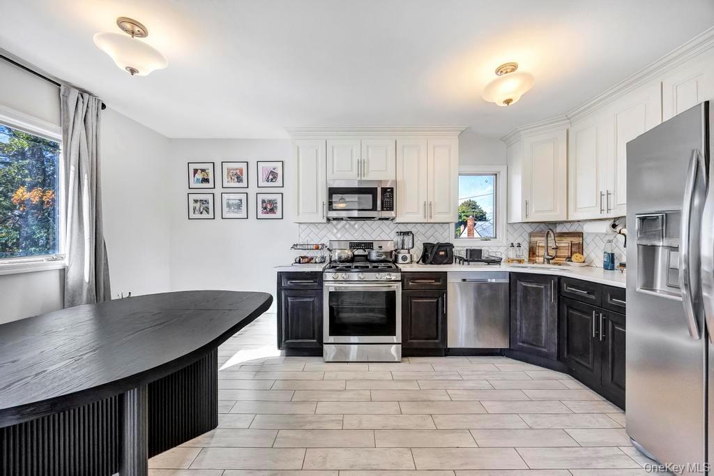 179 Sterling Road Elmont, NY 11003 - Photo 7 of 20 Kitchen featuring stainless steel appliances, white cabinets, tasteful backsplash, and dark cabinetry