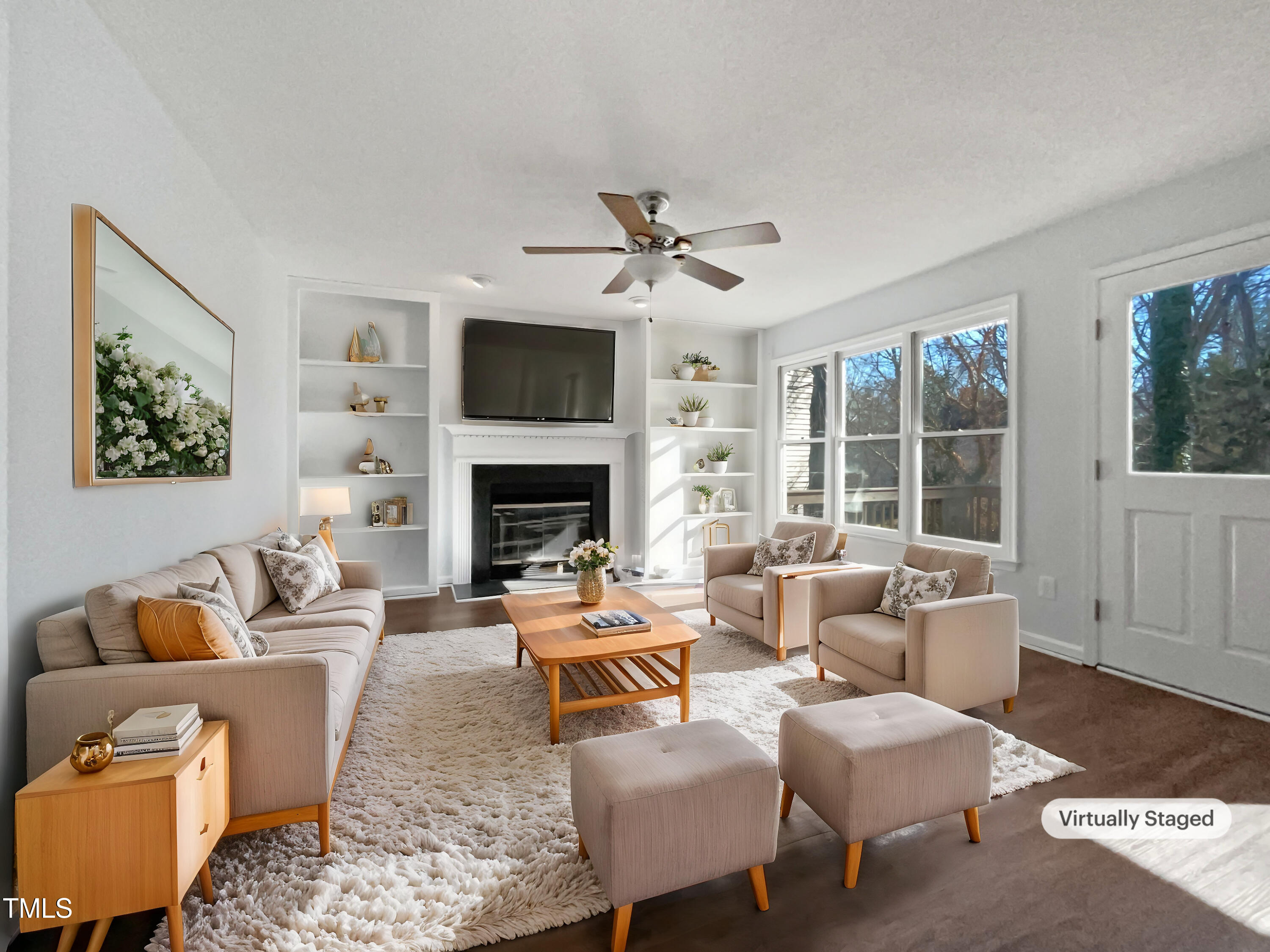 118 Trafalgar Lane Cary, NC 27513 - Photo 2 of 22 a living room with furniture fireplace and a large window