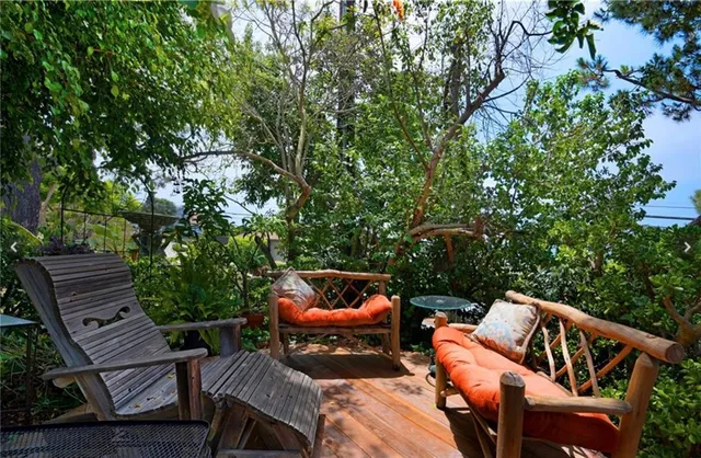 a view of backyard with a table and chairs and potted plants