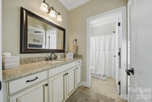 a bathroom with a granite countertop sink vanity and a mirror