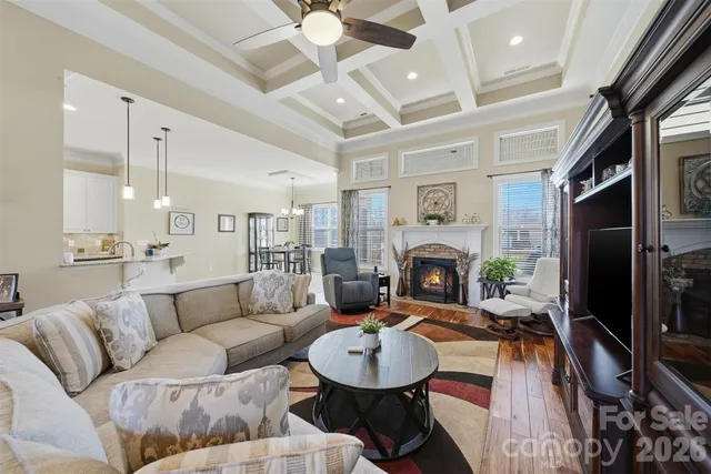a living room with furniture a fireplace and a chandelier