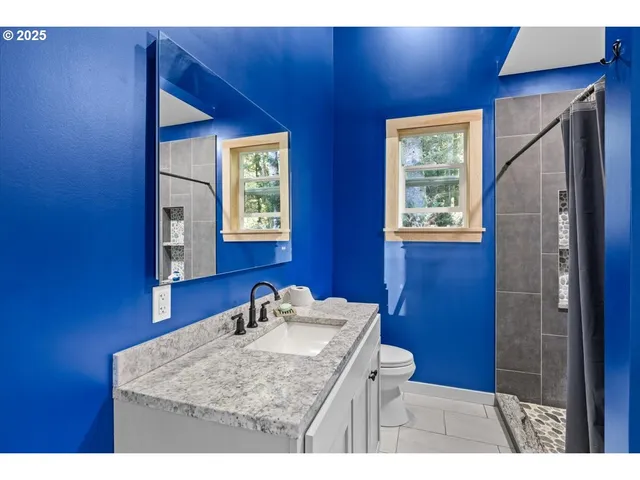 a bathroom with a sink a toilet and mirror