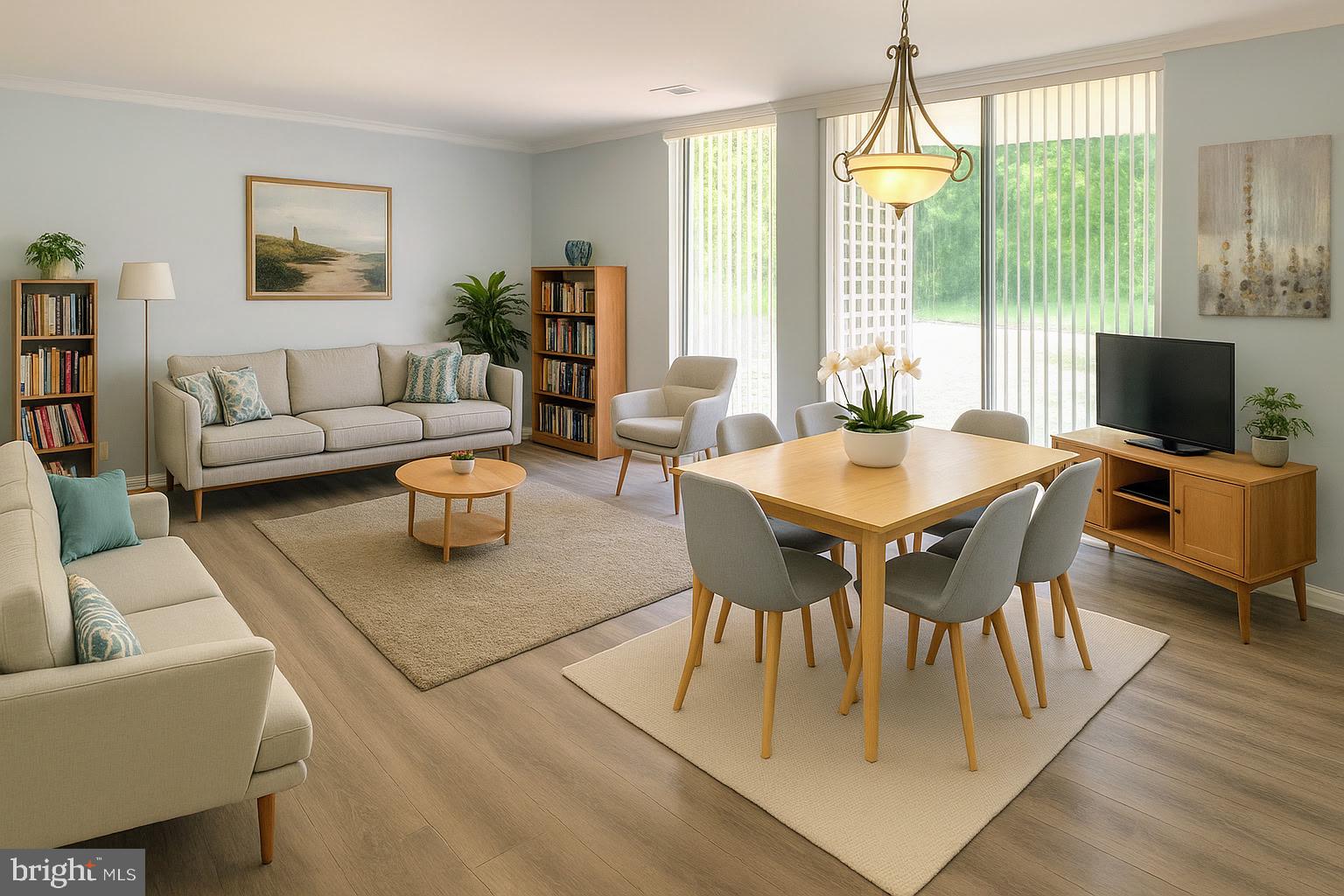 10244 Prince Place, Unit 21T3 Upper Marlboro, MD 20774 - Photo 24 of 64 a living room with furniture a large window and a dining table