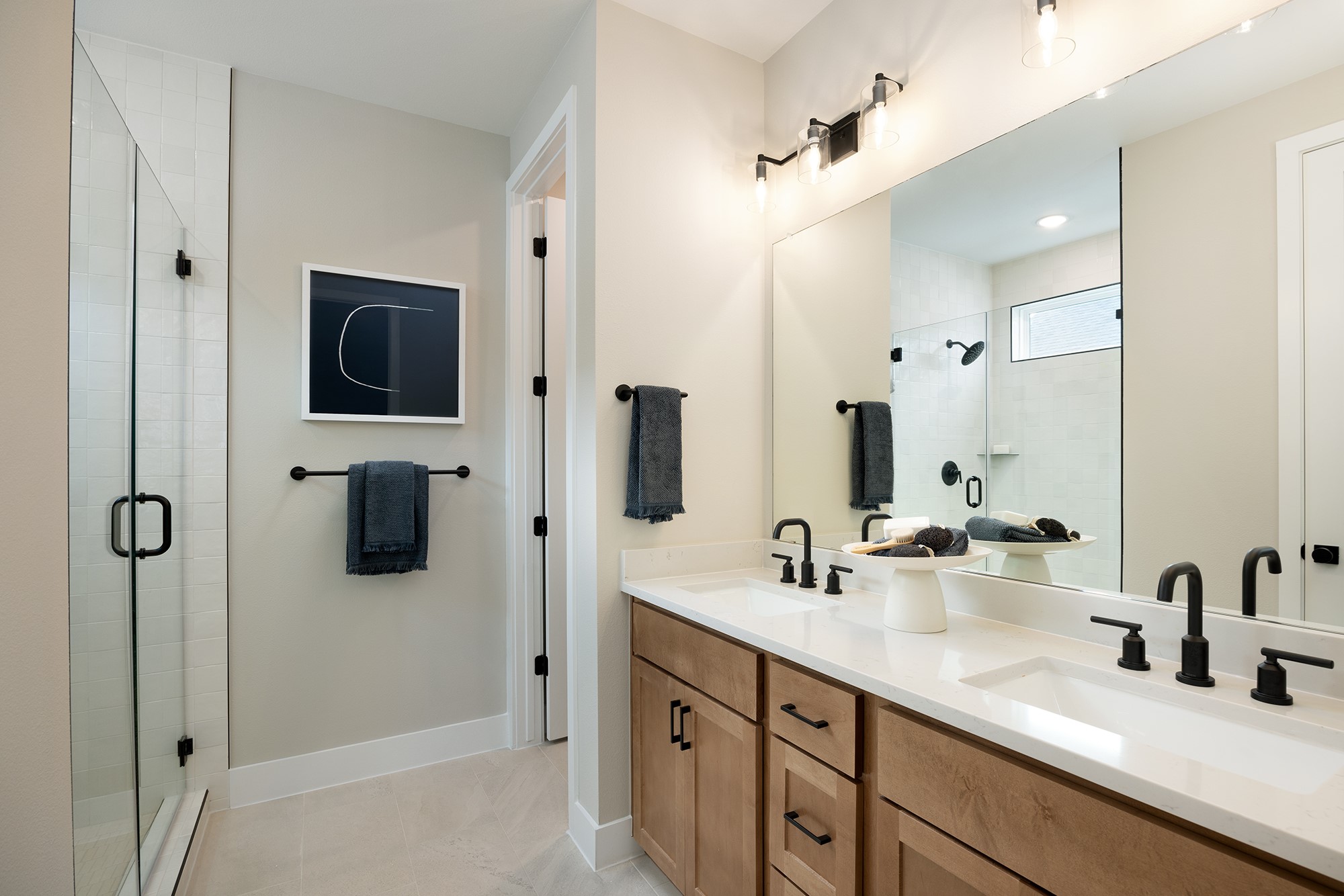 1320 Sweet Bark Street Austin, TX 78745 - Photo 2 of 13 a bathroom with a double vanity sink a mirror and shower